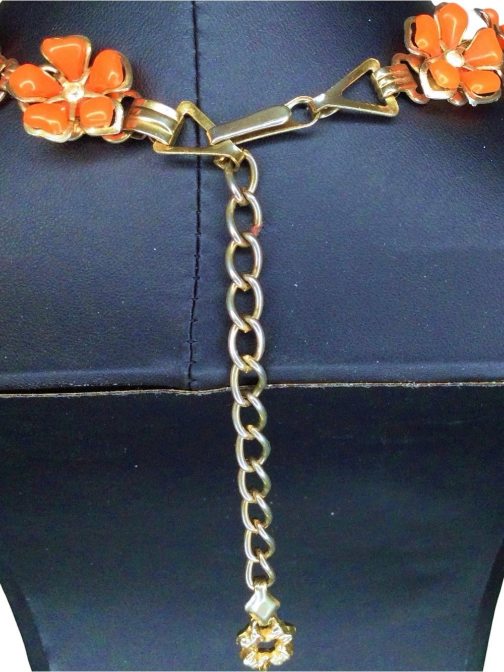 Vintage Orange Thermoset & Rhinestone Brass-Tone Floral Statement Necklace - Picture 9 of 14